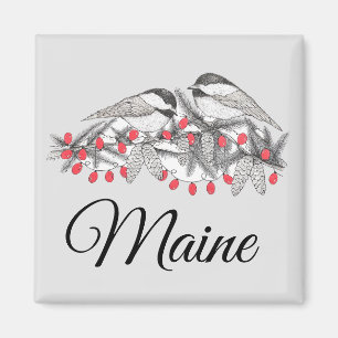 Aimant Maine Chickadee Bird hiver Noël Vacances Neige
