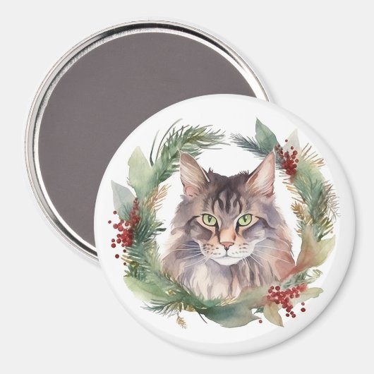Aimant Maine Coon Chat Noël Wreath Festive Kitten (Recto/Verso)