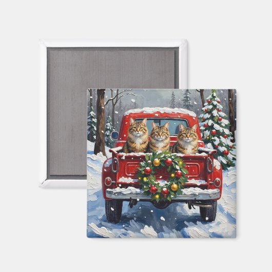 Aimant Maine Coon Christmas Red Truck Holiday (Recto/Verso)