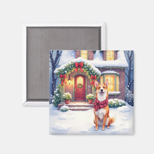 Aimant Maison de ville de Basenji à Noël en aquarelle