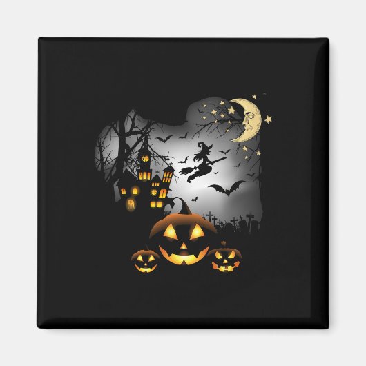 Aimant Maison hantée - Sorcière volante - Jack-o'-lantern (Devant)