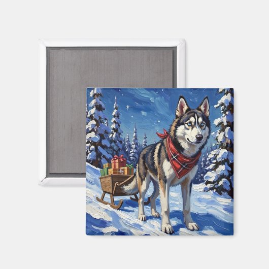 Aimant Majestic Siberian Husky Pulling Christmas Sled (Recto/Verso)