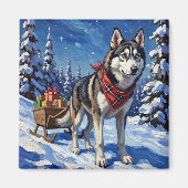 Aimant Majestic Siberian Husky Pulling Christmas Sled (Devant)