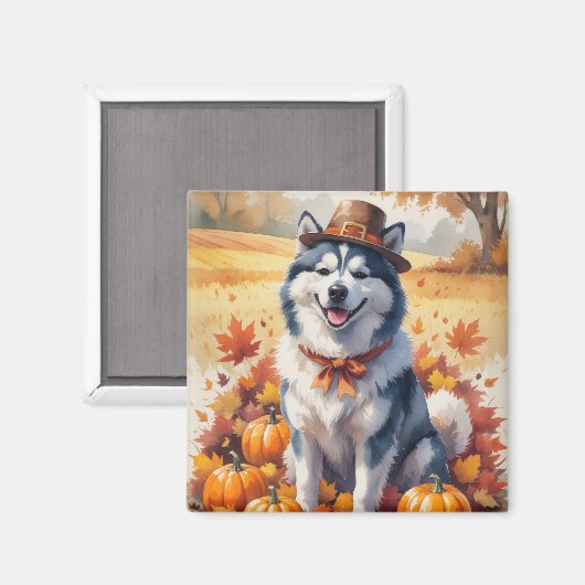 Aimant Malamute d'Alaska en automne quitte Thanksgiving A (Recto/Verso)