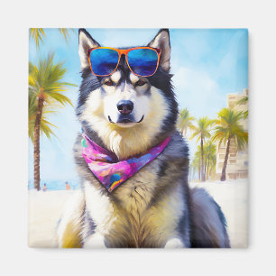 Aimant Malamute d'Alaska sur la plage, cadeau d'été