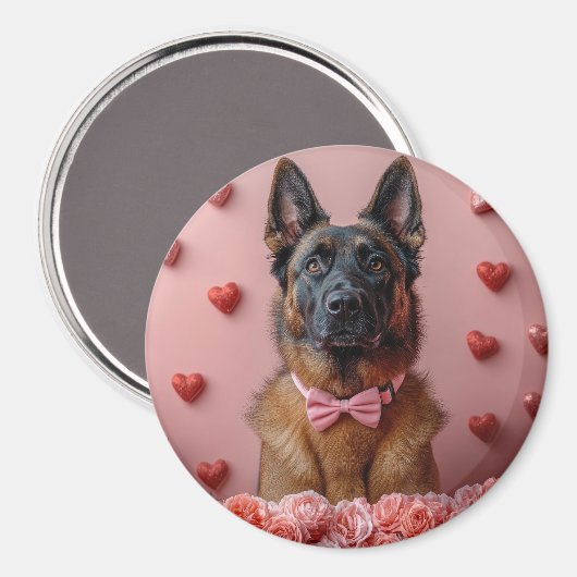 Aimant Malinois belge avec Rose - Saint Valentin (Recto/Verso)