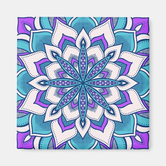 Aimant Mandala aux fleurs violettes turquoise (Devant)