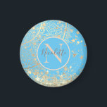 Aimant Mandala enchanteur avec Monogramme Gold Stars<br><div class="desc">Un élégant lotus mandala orné d'or sur un fond bleu turquoise avec des étoiles dorées qui pleuvent là où au fond se trouve l'éclat doré pour plus de glamour. Vibes de style fantaisiste. Peut être customisé avec une lettre et un nom ou un logo au centre sur un cercle bleu...</div>