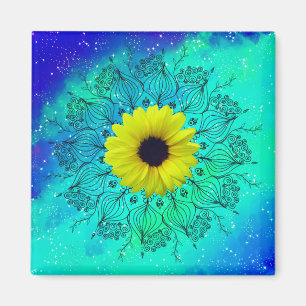 Aimant Mandala et tournesol bleu turquoise étoilé