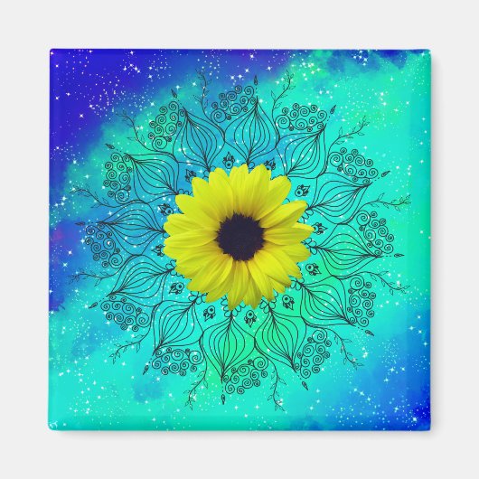 Aimant Mandala et tournesol bleu turquoise étoilé (Devant)