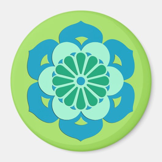 Aimant Mandala Fleur de Lotus, Vert Citron et Bleu Clair (Devant)