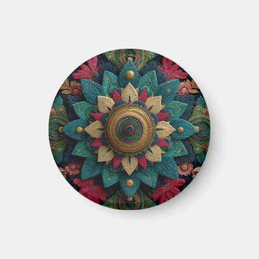 Aimant Mandala floral texturé complexe en sarcelle et or (Devant)