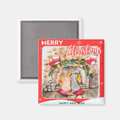 Aimant Manoir de Noël confortable avec chien et chat (Recto/Verso)