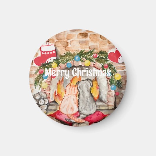 Aimant Manoir de Noël confortable avec chien et chat (Devant)