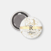 Aimant Marbre Blanc & Or Barre Dorée, Monogramme Nom Noir (Recto/Verso)