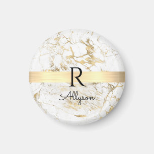 Aimant Marbre Blanc & Or Barre Dorée, Monogramme Nom Noir