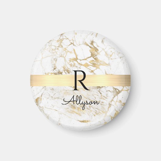 Aimant Marbre Blanc & Or Barre Dorée, Monogramme Nom Noir (Devant)