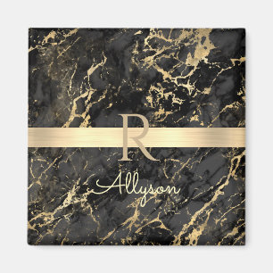 Aimant Marbre Noir & Or, Barre Dorée, Nom & Monogramme DI