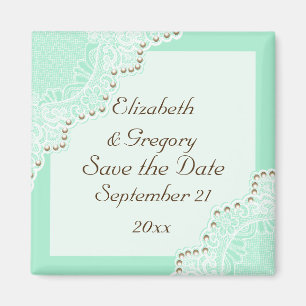 Aimant Mariage blanc dentelle avec perles mints Save the 