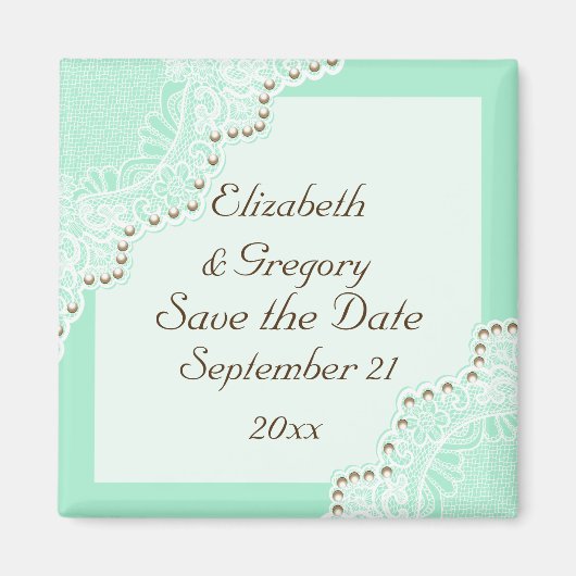 Aimant Mariage blanc dentelle avec perles mints Save the (Devant)