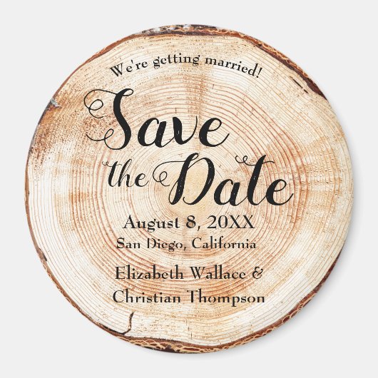 Aimant Mariage campagnard de noms de coupe en bois unique (Devant)