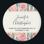 Aimant Mariage d'aquarelle rose sur les bandes<br><div class="desc">Mariage merci aimnet avec une belle motif ornée de jolies fleurs roses posées sur un motif rayé composé de rayures bleues et crème.  Un cadre rectangle avec une fausse bordure en feuille d'or superposée et votre texte personnalisé à l'intérieur.</div>