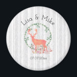 Aimant Mariage d'aquarelle Russe Reindeer Boho<br><div class="desc">Un aimant mariage commémoratif avec une aquarelle numérique. Une silhouette de renne orange pastel à l'intérieur d'une couronne de feuilles d'herbes. Champignons et fougères forestières à ses pieds. Un motif de bouleau gris et blanc dans l'arrière - plan.</div>