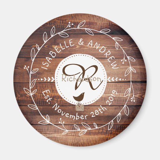 Aimant Mariage de bois Monogramme Feuille de bois Oiseau (Devant)