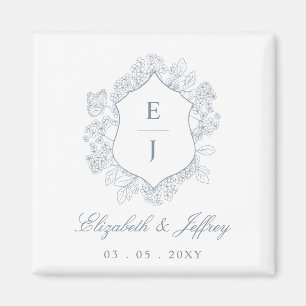 Aimant Mariage de monogramme de crête florale bleu-poussi