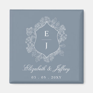 Aimant Mariage de monogramme de crête florale bleu-poussi