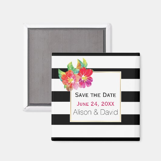 Aimant Mariage en bandes et fleurs Enregistrer la date (Recto/Verso)