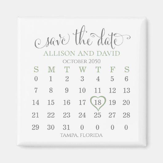 Aimant Mariage Enregistrer la date Sage 5 lignes Calendri (Devant)