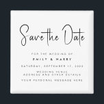 Aimant Mariage minimaliste moderne Enregistrer la date<br><div class="desc">Un simple moderne enregistrer l'aimant de date. Personnalisez ce design minimaliste noir et blanc pour avoir vos détails personnels et votre message. Caractéristiques de script calligraphie typographie et faux arrière - plan d'image parties scintillant.</div>
