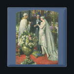 Aimant Mariage vintage, Mariée et Salle avec Menorah<br><div class="desc">Illustration vintage image de cérémonie d'amour et de romance mariage montrant un couple se marier dans une belle synagogue avec vitraux,  fleurs et une menorah à sept branches. La mariée porte une longue robe blanche mariage et le marié est beau dans son smoking.</div>