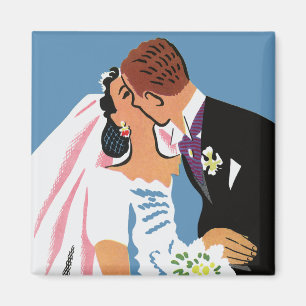 Aimant Mariage Vintage, Mariée Rétro et Marié S'embrassan