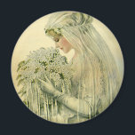 Aimant Mariage vintage, Portrait de mariée victorienne<br><div class="desc">Illustration vintage image de mariage victorien montrant un portrait de mariée. La belle mariée est habillée d'une ancienne robe mariage avec un voile et tenant un bouquet fleuri mariage de fleurs crème.</div>