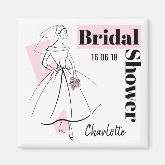 Aimant Mariée de mode Robe de mariée rose Date Nom carré (Devant)