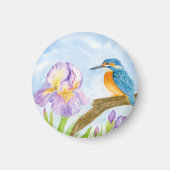 Aimant Martin-pêcheur à l'aquarelle avec iris violets (Devant)