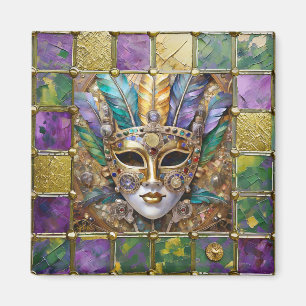 Aimant Masque à plumes coloré en céramique et or Mardi Gr