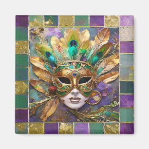 Aimant Masque de plumes de paon vert et or de Mardi Gras