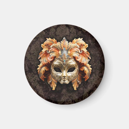 Aimant Masque Lion Doré avec plumes orange (Devant)