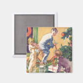 Aimant Matin de Noël Vintage, Enfants avec Présents (Recto/Verso)