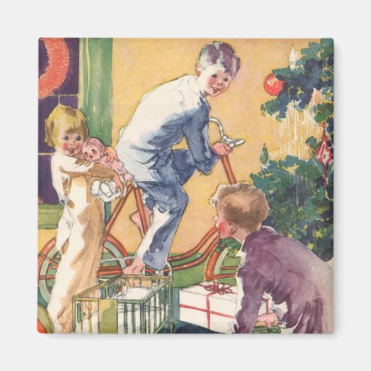Aimant Matin de Noël Vintage, Enfants avec Présents (Devant)
