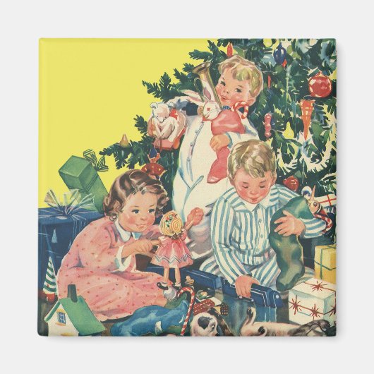 Aimant Matin de Noël Vintage, Enfants Ouverture Cadeaux (Devant)