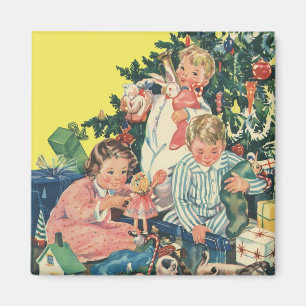 Aimant Matin de Noël vintage, enfants ouvrant des cadeaux