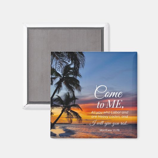 Aimant Matthieu 11:28 Bible Verse Palmiers Coucher de sol (Recto/Verso)