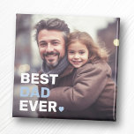 Aimant Meilleur papa jamais photo coeur fête des pères<br><div class="desc">Réfrigérateur avec votre photo personnalisée et le texte "Meilleur papa jamais" comme une couverture blanche et bleu clair dans le coin inférieur gauche.</div>