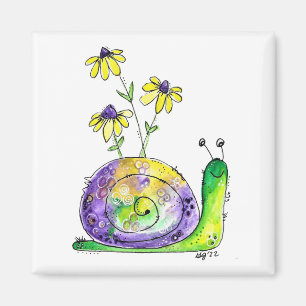 Aimant Mélange Whimsical Happy Snail avec Fleurs Jaunes