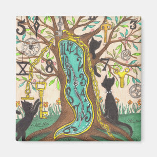 Aimant Melting clock in tree with cats