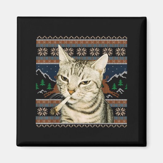 Aimant Mème de chat drôle qui fume, pull moche de Noël, c (Devant)